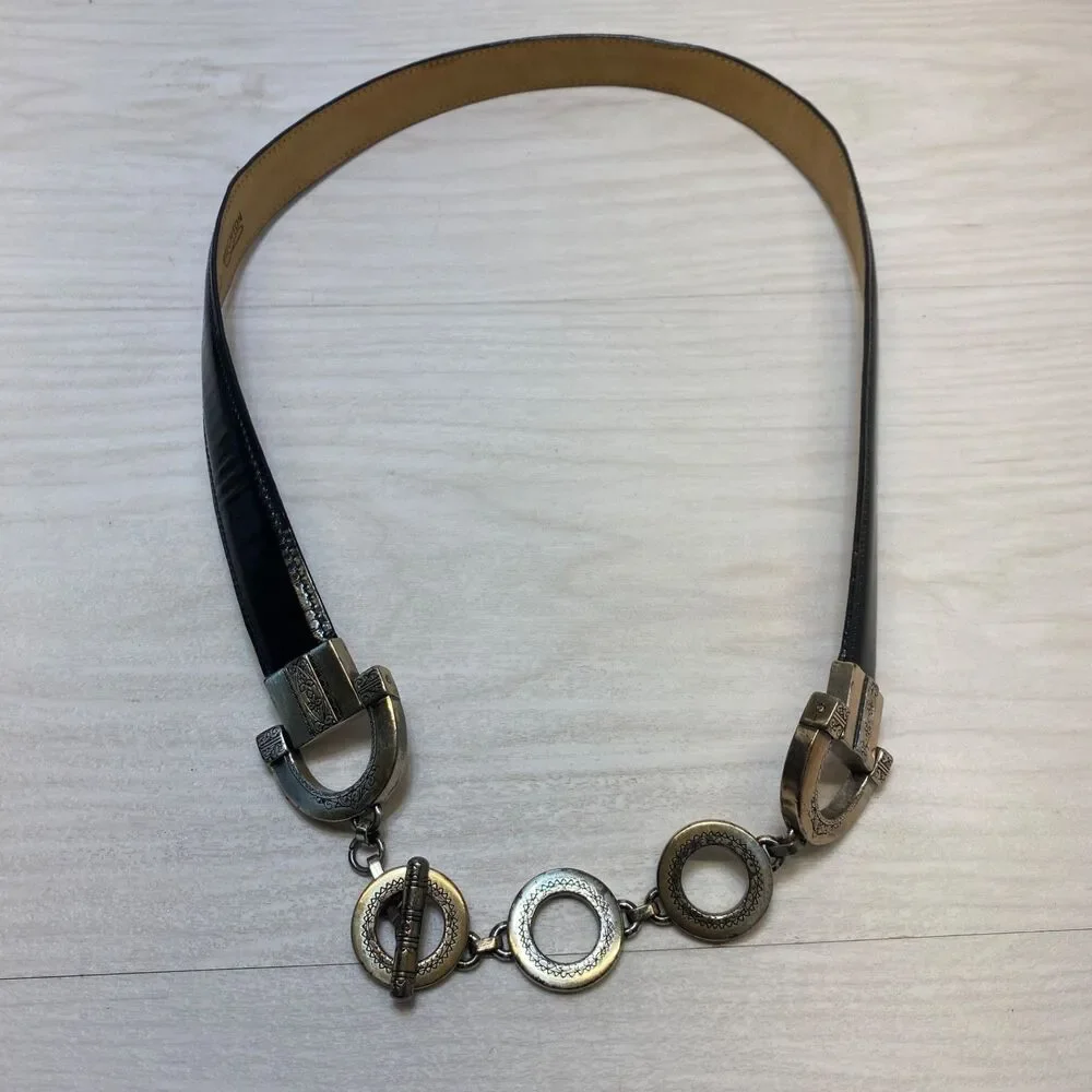 Vintage Brighton Black Leather & Silver Ring Belt Size L 20603 Waist Belt‎